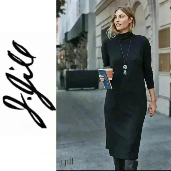 J. Jill Turtleneck Dress Womens Size Medium Black Long Sleeve Stretch Pullover - Picture 1 of 6